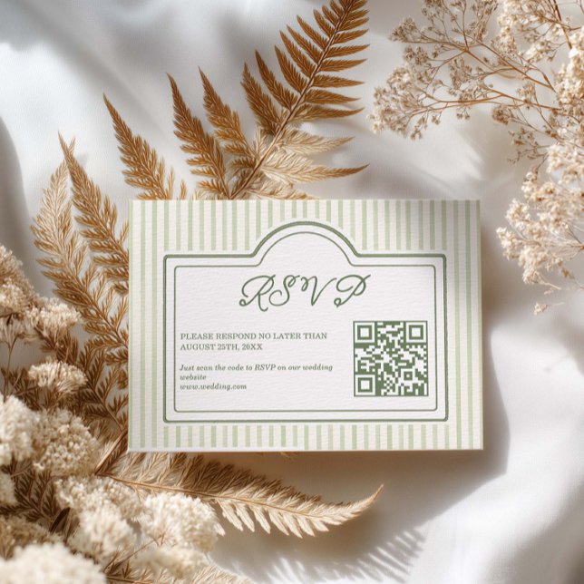 Green Wedding Striped QR code RSVP Card (Criador carregado)