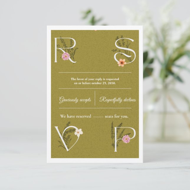 Green & White Floral Decorative RSVP Wedding  (Em pé/Frente)
