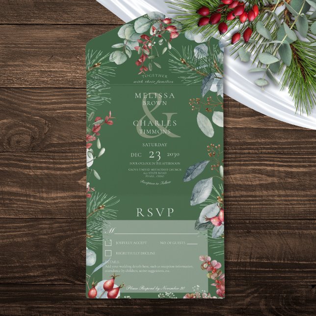 Green Winter Pine Berries Eucalyptus No Janta (Green Winter Pine Berries Eucalyptus No Dinner All In One Invitation)