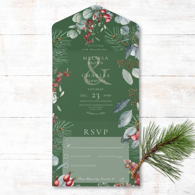Green Winter Pine Berries Eucalyptus No Janta (Also available with a QR code or with dinner selection options.)