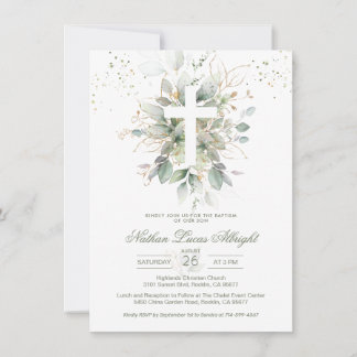 Greenerage Foliage Cross Baby Baptism Convite