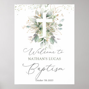 Greenerage Foliage Cross Baby Baptism Poster
