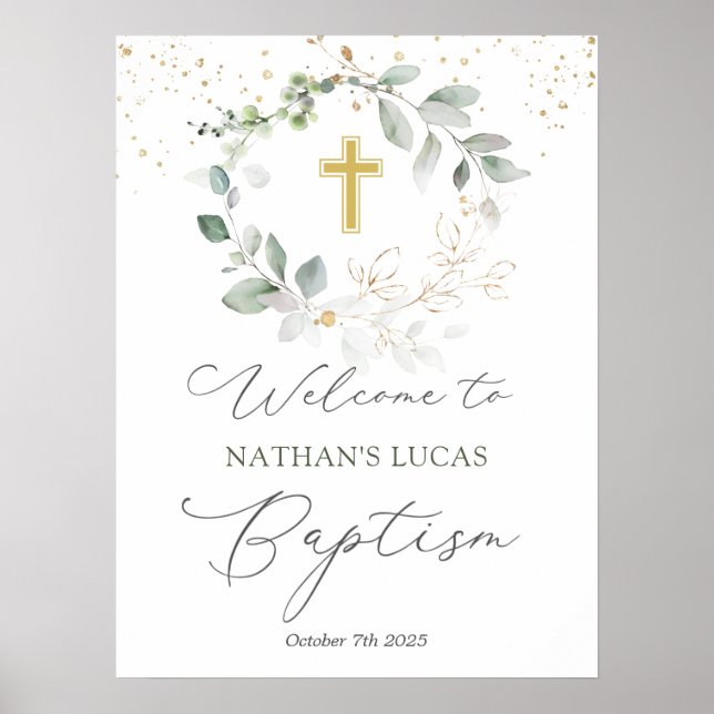 Greenerage Foliage Cross Baby Baptism Poster (Frente)
