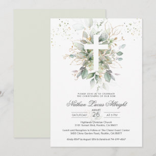 Greenerage Foliage Cross Baby Christening Convite