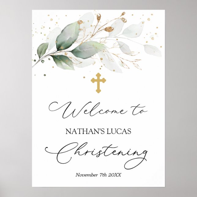 Greenerage Foliage Cross Baby Christening Poster (Frente)