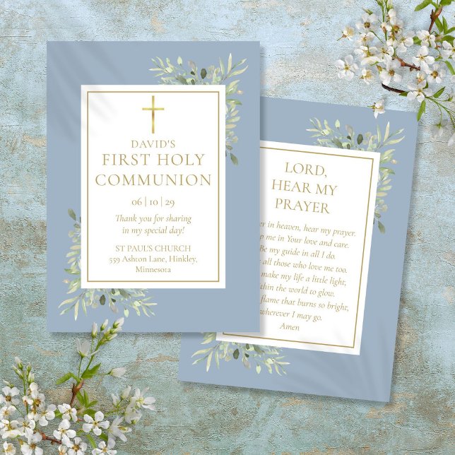 Greenery Blue Primeiro Cartão de Oração da Comunid (Greenery Blue First Holy Communion Prayer Card)