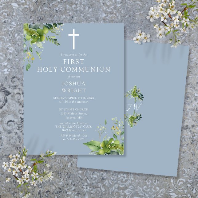 Greenery Blue Primeiro Convite à Comunidade Sagrad (Greenery Blue First Holy Communion Invitation Postcard)
