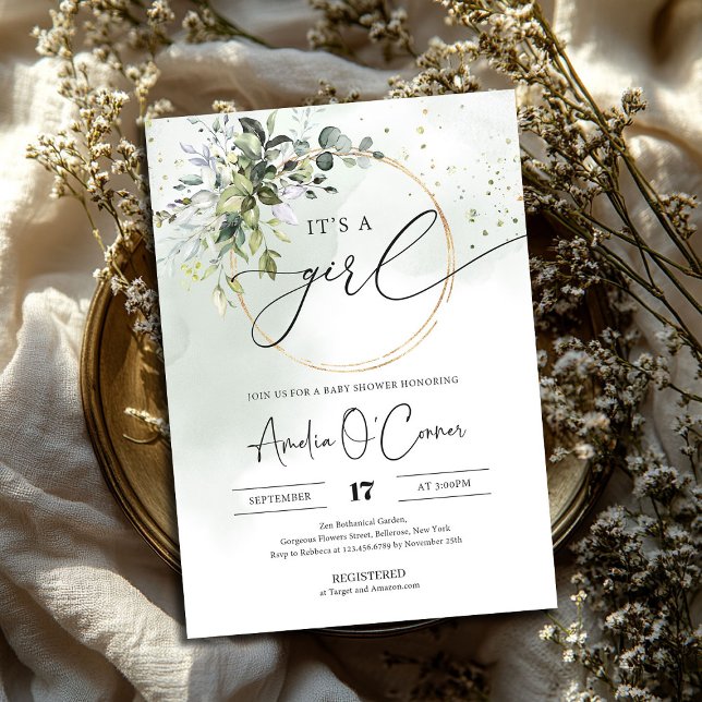 Greenery Boho é um convite para Chás de fraldas de (Greenery Boho It's A Girl Baby Shower Invitation with modern callygraphy script font)