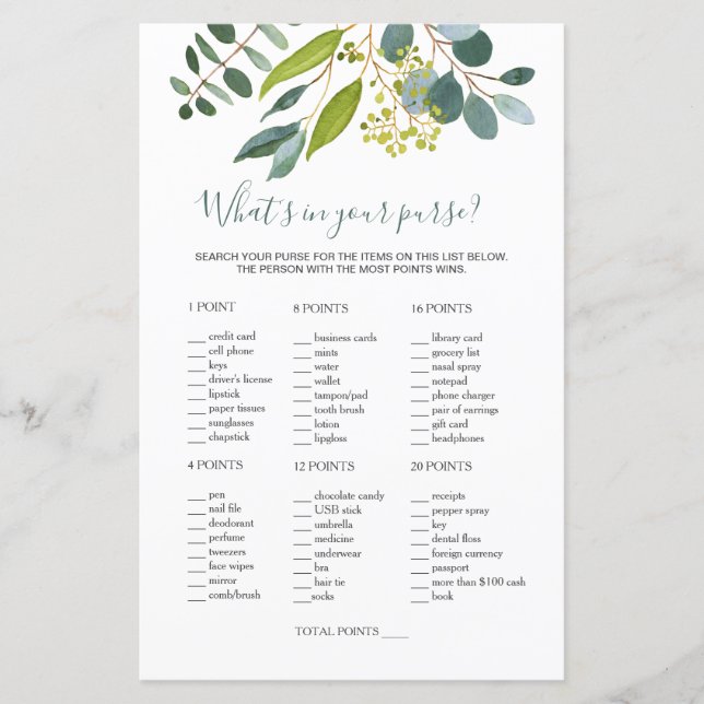 Greenery Bridal Purse Game/Wedding Scramble (Frente)