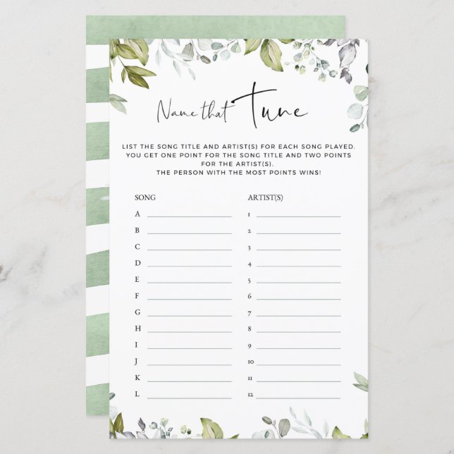 Greenery Chá de fraldas Game Name This Tune (Frente/Verso)