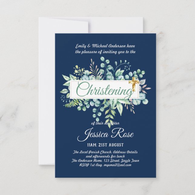 Greenery Christening Convida Baptism Bautizo Leafy (Frente)