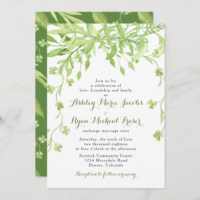 Greenery Clover Floral Weding Convite (Frente/Verso)