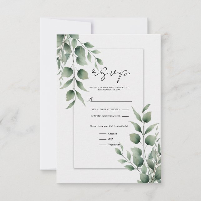 Greenery deixa RSVP moderno de casamento branco (Frente)
