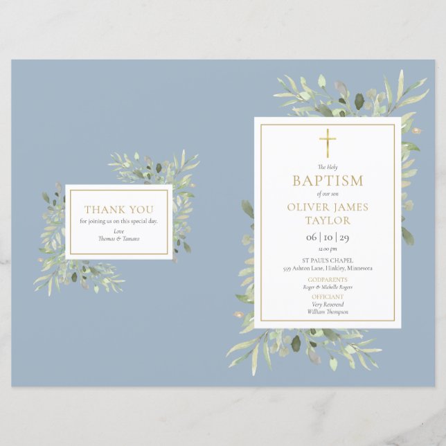 Greenery Dusty Blue Baptism Christening (Frente)