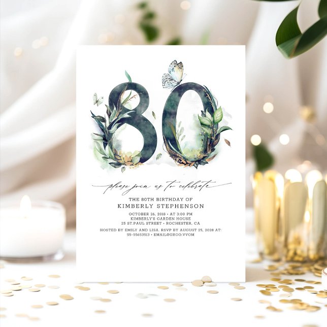 Greenery e Dourado Convite de Aniversário para 80 (80th Birthday Invitations)