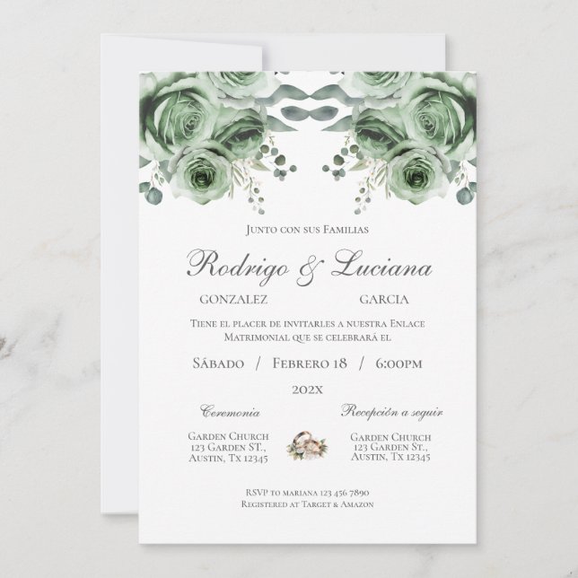 Greenery espanhol Wedding Convite (Frente)