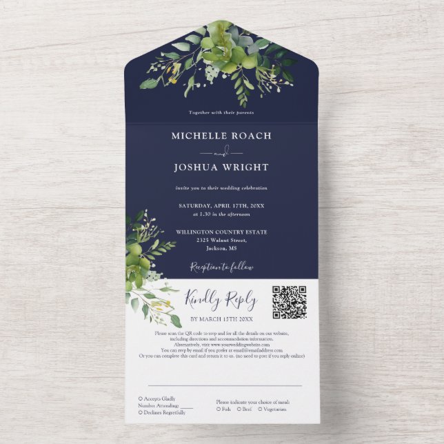 Greenery Floral Código QR Marinho Casamento Azul (Interno)