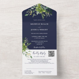Greenery Floral Código QR Marinho Casamento Azul