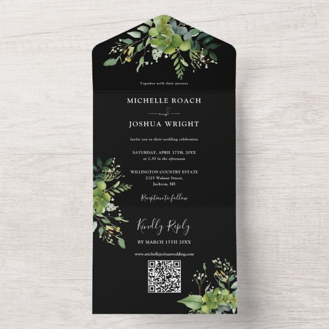 Greenery Floral Código QR Preto e Casamento Branco (Interno)