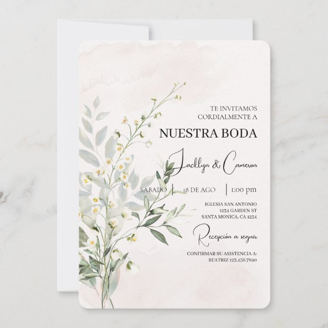 Greenery Floral, Convite De Casamento Espanhol (Frente)