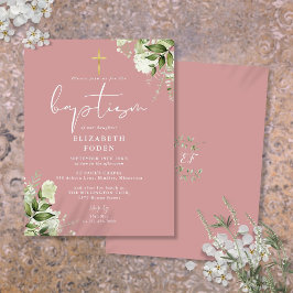 Greenery Floral Dusty Rosa Pink Baptism Convite