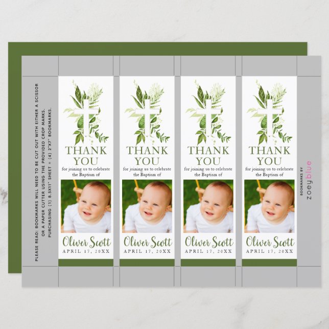 Greenery Foliage Baptism Foto Bookmark (Frente/Verso)