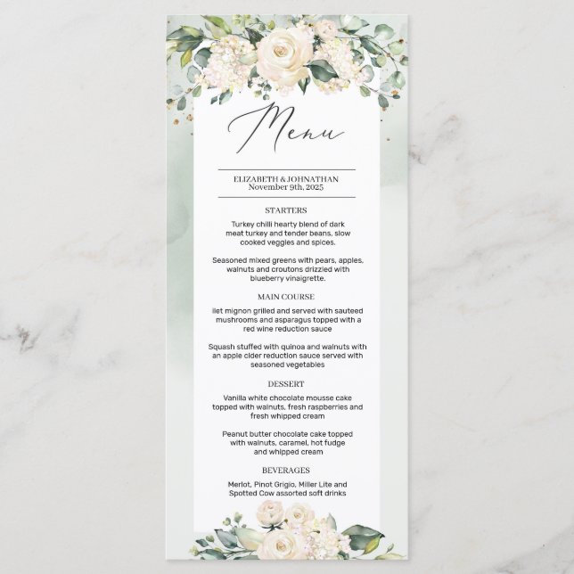 Greenery Foliage White Roses Boho Menu Casamento (Frente)
