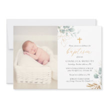 Greenery Gold Foil Baptism Convite com Foto