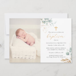 Greenery Gold Foil Baptism Convite com Foto