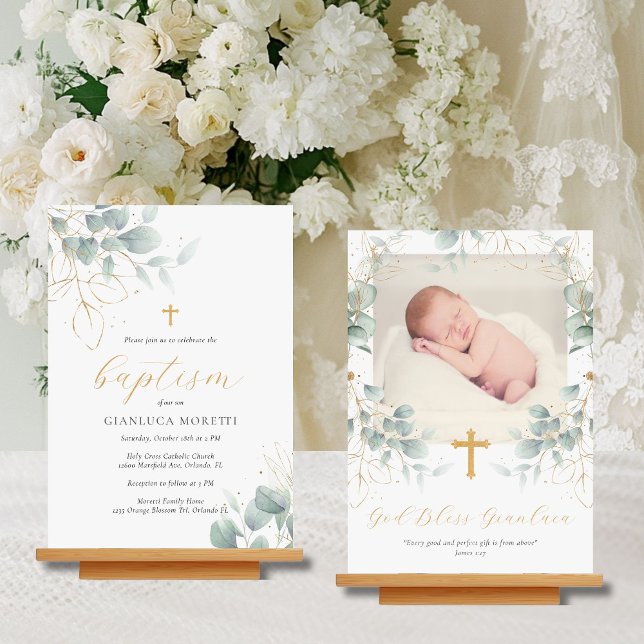 Greenery Gold Foil Baptism Convite com Foto (This Delicate Foliage baptism invitation features watercolor greenery and space for a photo)