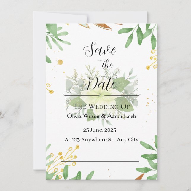 Greenery Gold Foil Elegante Convite para Casamento (Frente)