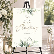 Greenery Gold Watercolor Christening Welcome Sign