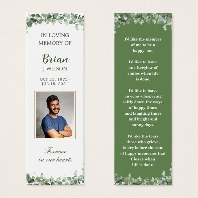 Greenery Green Photo Funeral Memorial Bookmark (Frente & Verso)