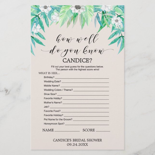 Greenery, Jogo "Como Conheces A Noiva" (Frente)