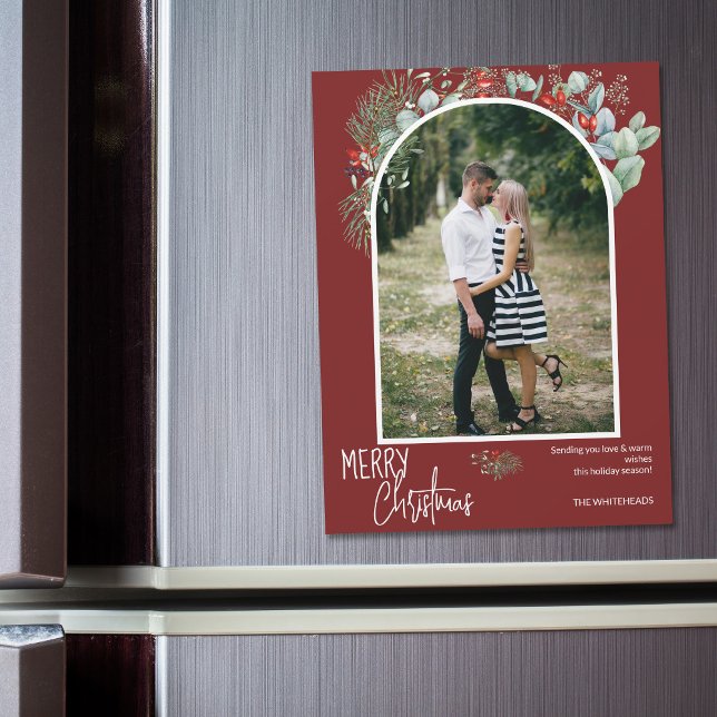Greenery Merry Christmas Arch Photo Burgundy (You will love these beautiful Christmas cards! They feature botanical watercolor pine and berries.)