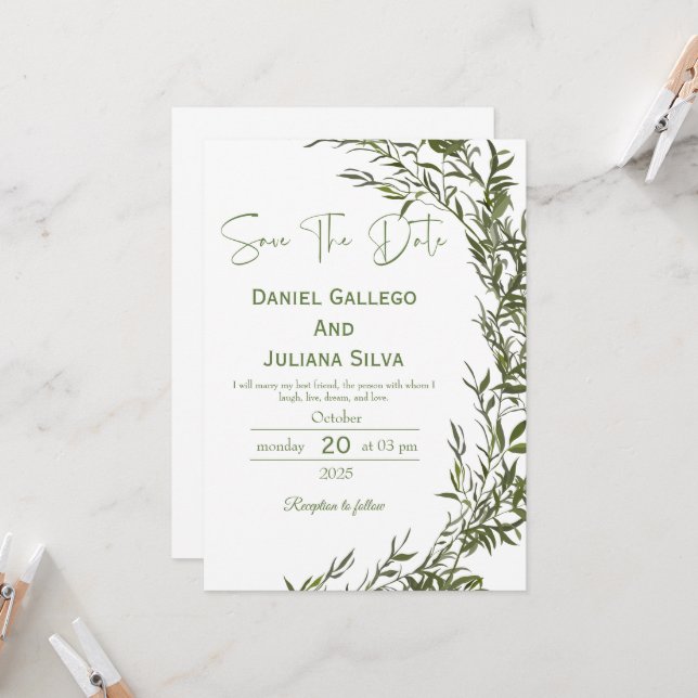 Greenery Modern Salve O Convite De Data (Frente/Verso In Situ)