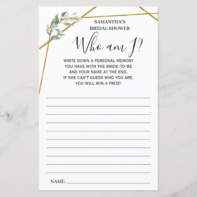 Greenery Quem sou eu? Jogo bilíngue chá de panela (Frente)