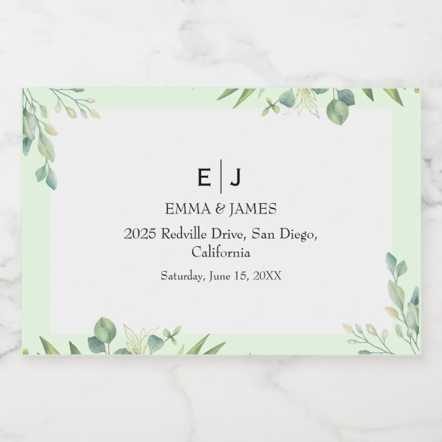 Greenery Script Wedding Photo Wine Label (Rótulo Único)