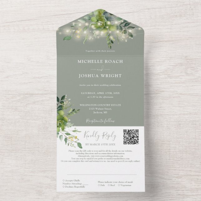 Greenery String Luzes QR Código Sage Casamento Ver (Inside)
