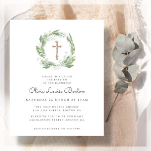Greenery White Floral Baptism Convite Orçamental
