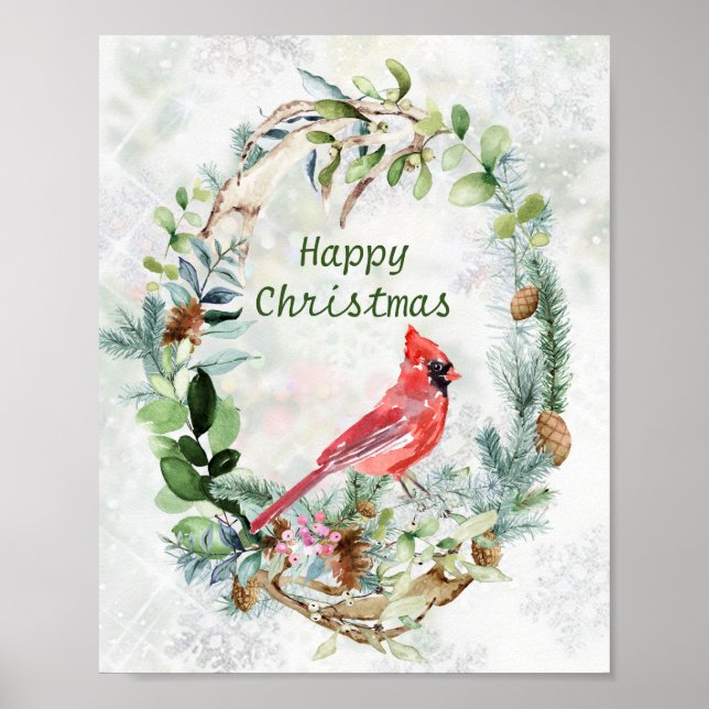 Greenery Winter Foliage, Cardinal Bird Poster (Frente)