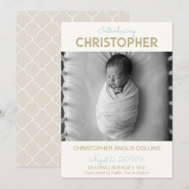 Greige Modern Quatrefoil Birth Announcement Card