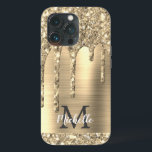 Grelha Chic Glitter Dourada Coloca Monograma Metál<br><div class="desc">O elegante, moderno, brilho dourado cai dourado, dourado, nome personalizado e capas de iphone monograma. Este design apresenta brilho amarelo de brilho dourado pingando fundo de metal escovado em ouro com modelo de texto personalizado monograma inicial e nome próprio. Um presente feminino perfeito para mulheres e raparigas que amam coisas...</div>