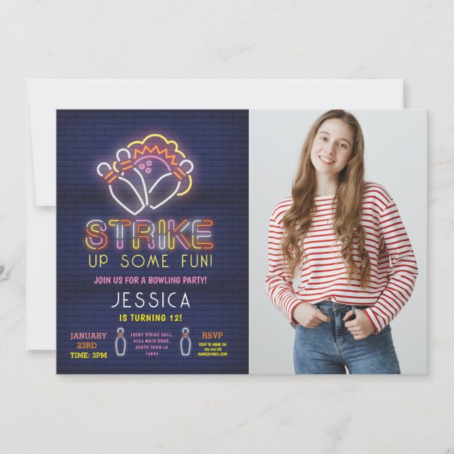 Greve de Foto Neon Festa de aniversário de Convite (Frente)