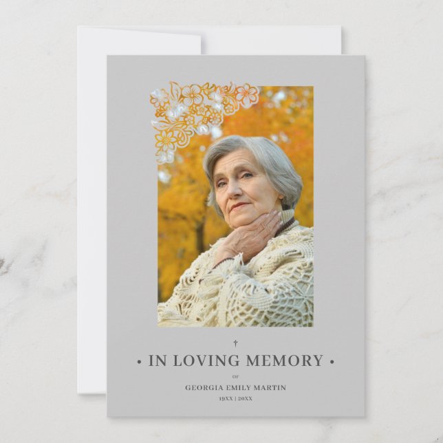 Grey Floral Frame Elegant Photo Funeral Invitation (Frente)