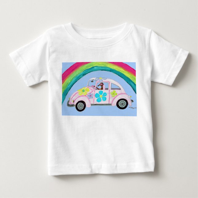 Greyhound em carro hippie com camiseta arco-íris (Frente)