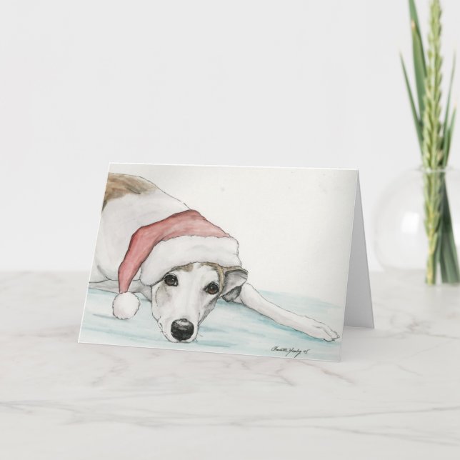 "Greyhound in Santa Hat" Cartão de Natal de Arte C (Frente)