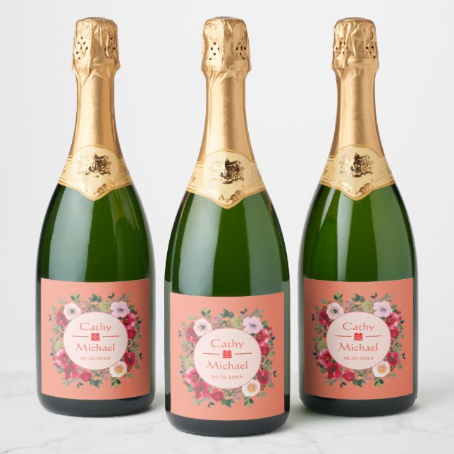 Grinalda floral de círculo laranja casamento chinê (Garrafas)