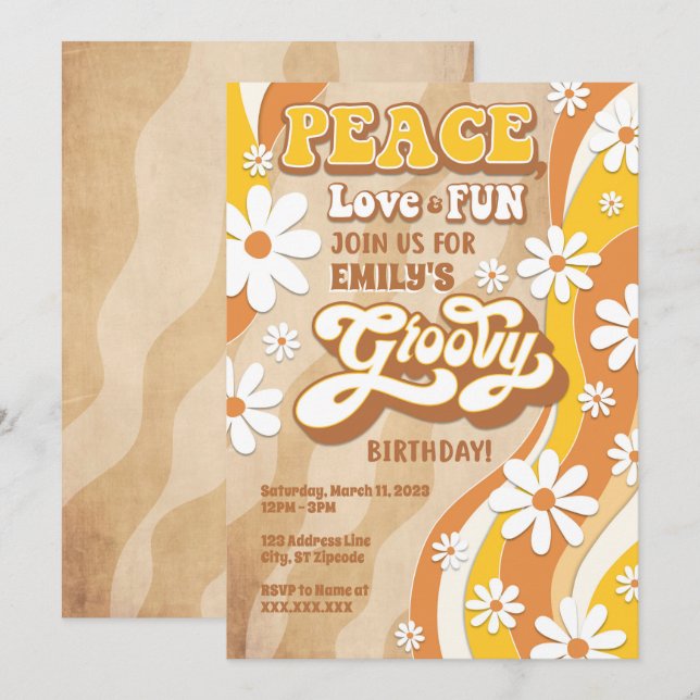 Groovy Convite de aniversário, Paz, Amor e Diversã (Frente/Verso)