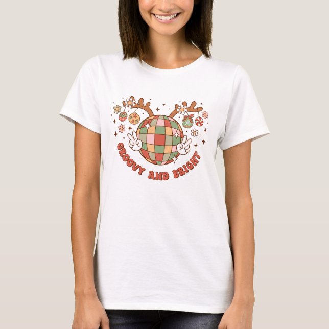 Groovy Disco Ball Reindeer T-Shirt (Frente)